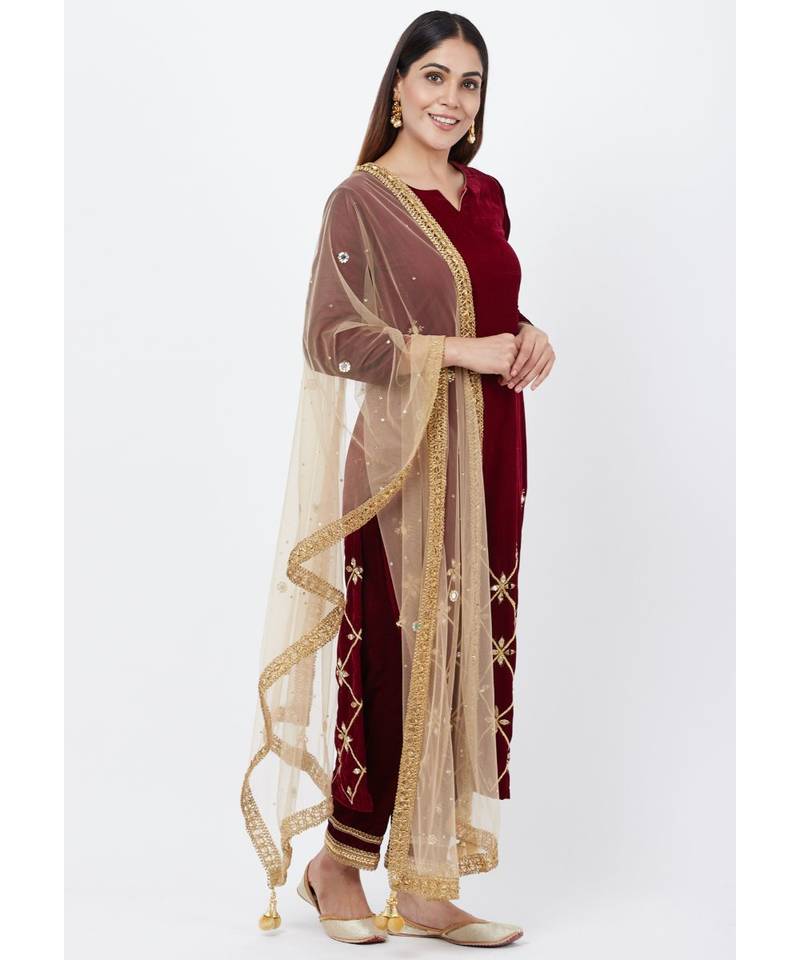 Maroon Mirror Embroidered Velvet Kurti with Straight Pants and Mirror Stone Dupatta