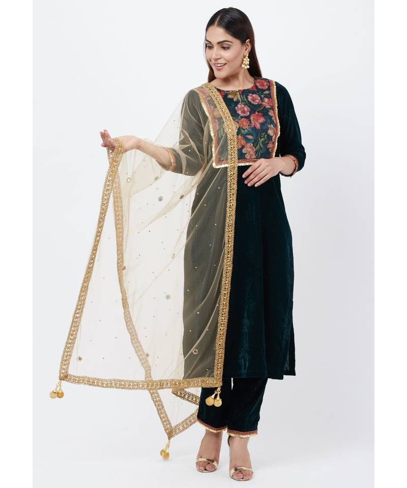Green Floral Printed Velvet Kurti with Straight Palazzo and Mirror Stone Dupatta