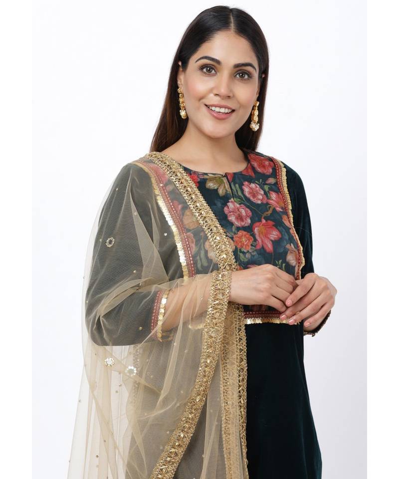 Green Floral Printed Velvet Kurti with Straight Palazzo and Mirror Stone Dupatta