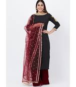 Classic Black Paisley Embroidered Kurti with Kalidaar Velvet Palazzo and Sequenced Dupatta