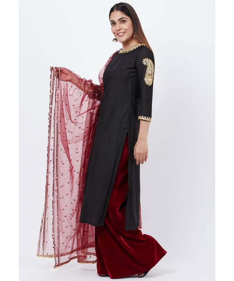 Classic Black Paisley Embroidered Kurti with Kalidaar Velvet Palazzo and Sequenced Dupatta