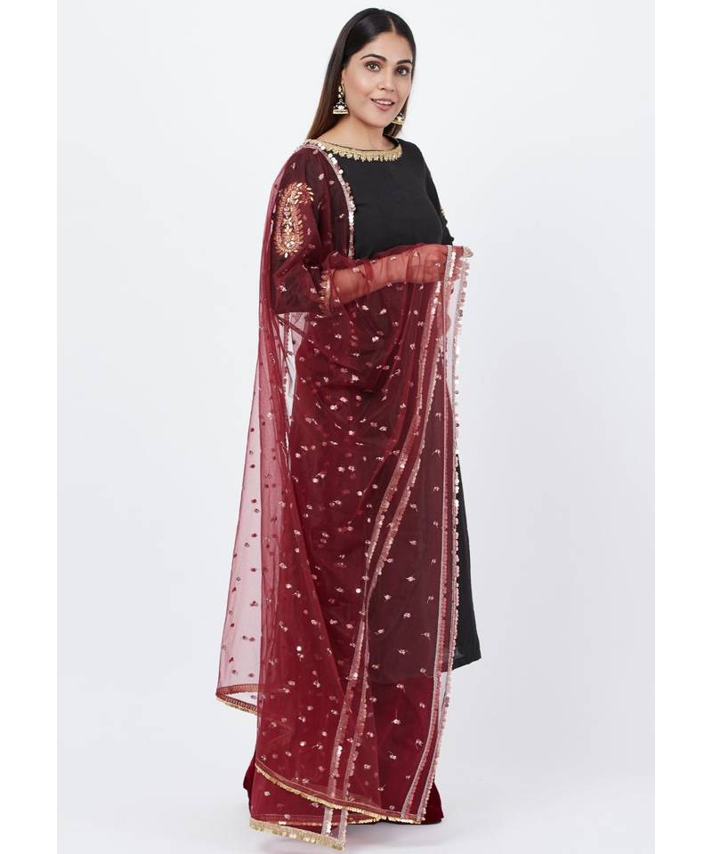 Classic Black Paisley Embroidered Kurti with Kalidaar Velvet Palazzo and Sequenced Dupatta