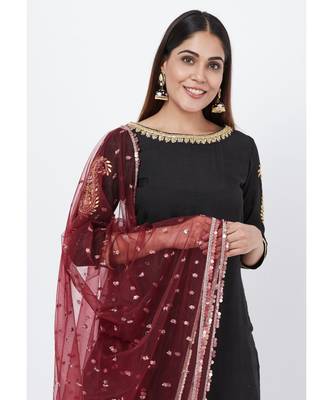 Classic Black Paisley Embroidered Kurti with Kalidaar Velvet Palazzo and Sequenced Dupatta 4
