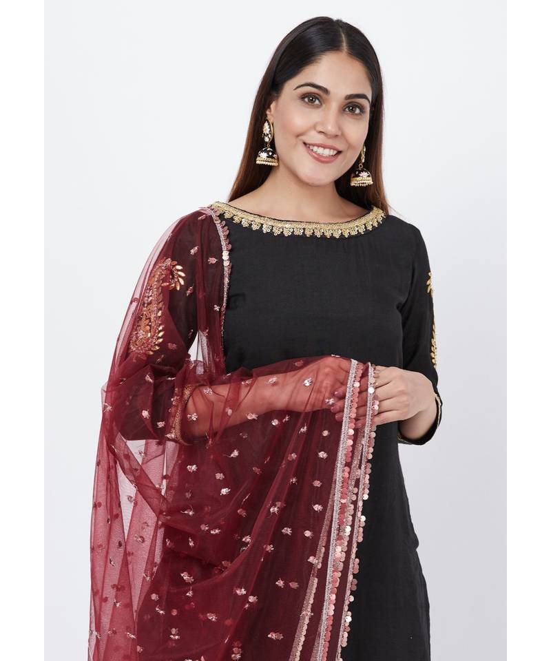 Classic Black Paisley Embroidered Kurti with Kalidaar Velvet Palazzo and Sequenced Dupatta