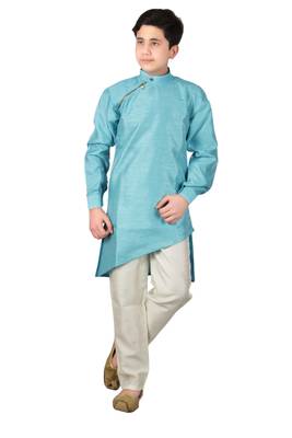 Turquoise plain cotton silk boys-kurta-pyjama 1