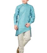 Turquoise plain cotton silk boys-kurta-pyjama