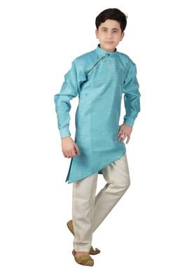 Turquoise plain cotton silk boys-kurta-pyjama 2