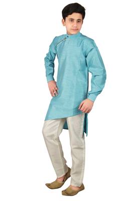 Turquoise plain cotton silk boys-kurta-pyjama 3