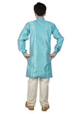 Turquoise plain cotton silk boys-kurta-pyjama 4