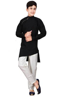 Black plain cotton silk boys-kurta-pyjama 1