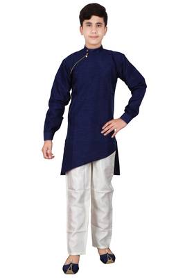 Blue plain cotton silk boys-kurta-pyjama 1
