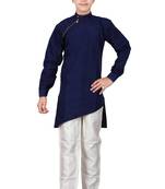 Blue plain cotton silk boys-kurta-pyjama