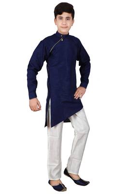 Blue plain cotton silk boys-kurta-pyjama 2