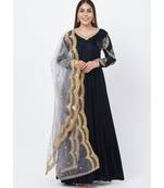 Navy Blue Velvet Floor Length Anarkali with Embroidered Sleeves and Sequenced Dupatta
