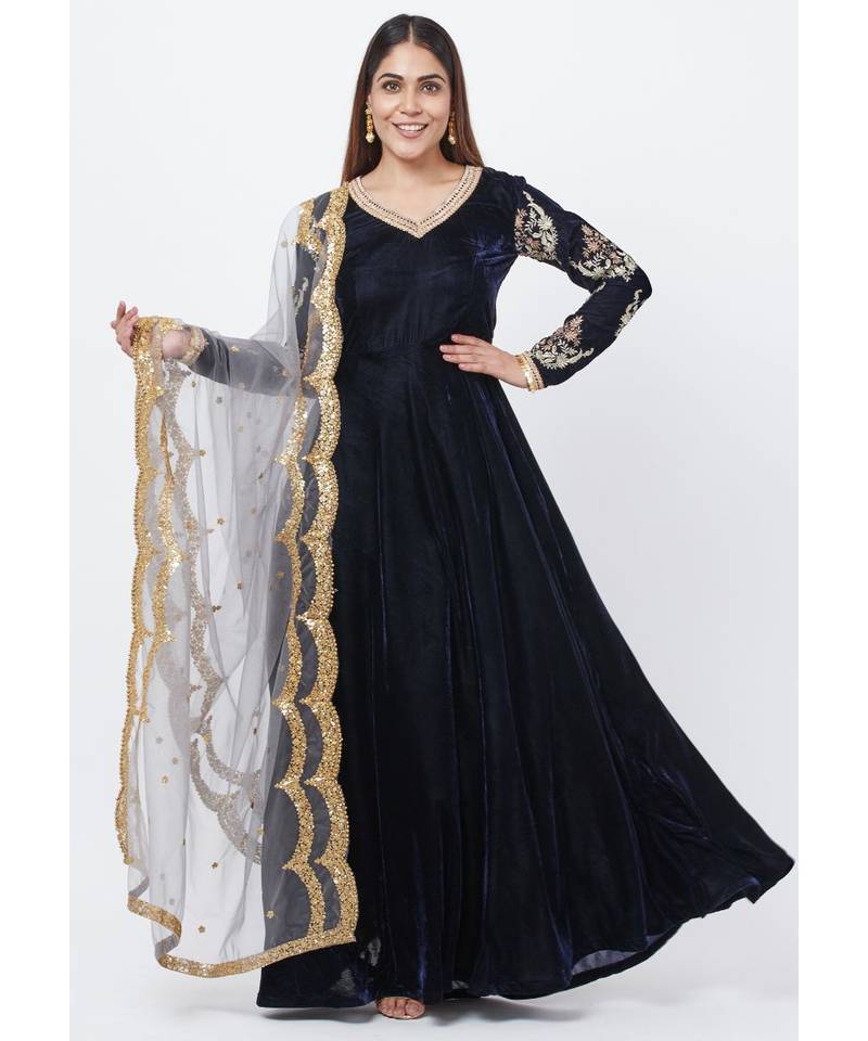 Navy Blue Velvet Floor Length Anarkali with Embroidered Sleeves and Sequenced Dupatta