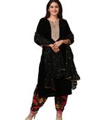 Black Gold Velvet Kurti with Floral Printed Salwar and Black Crushed Dupatta