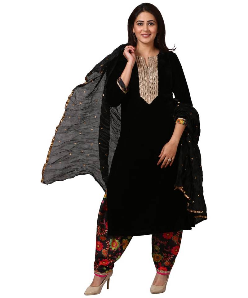 Black Gold Velvet Kurti with Floral Printed Salwar and Black Crushed Dupatta