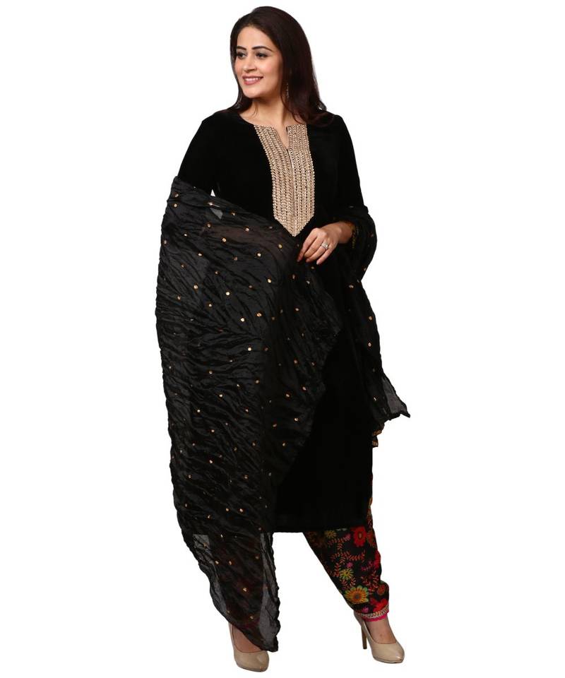 Black Gold Velvet Kurti with Floral Printed Salwar and Black Crushed Dupatta