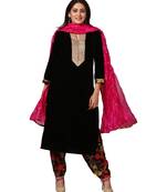 Black Gold Velvet Kurti with Floral Printed Salwar and Pink Crushed Dupatta