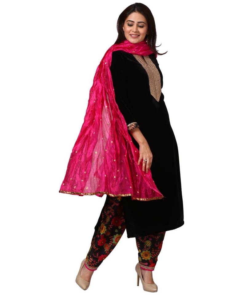 Black Gold Velvet Kurti with Floral Printed Salwar and Pink Crushed Dupatta