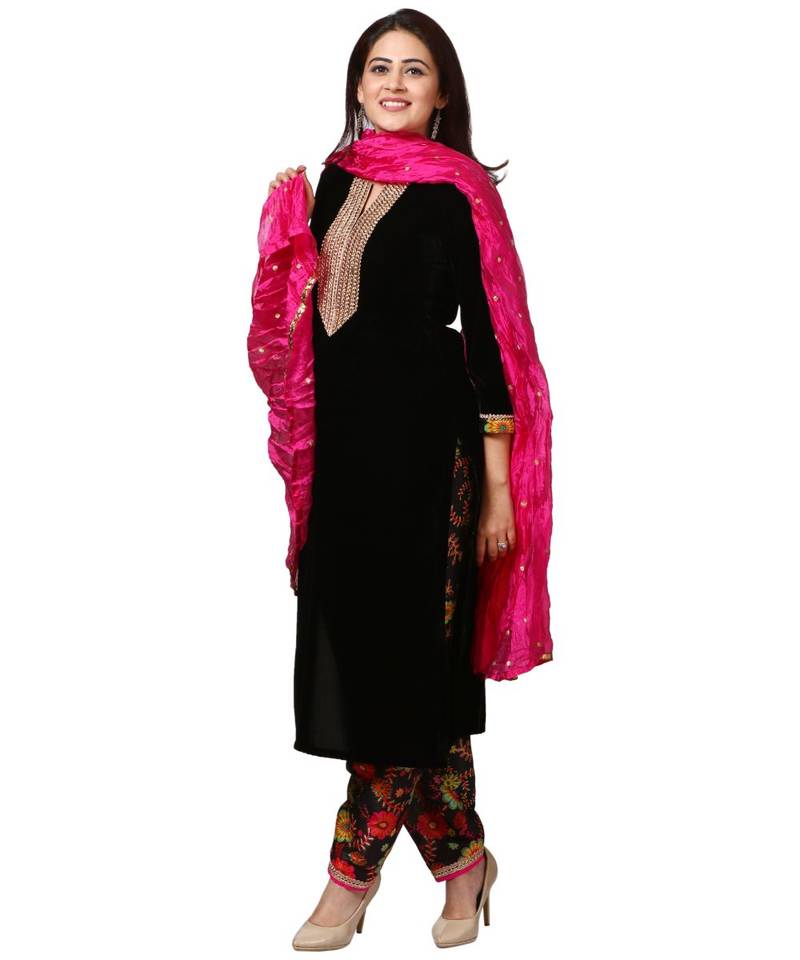 Black Gold Velvet Kurti with Floral Printed Salwar and Pink Crushed Dupatta