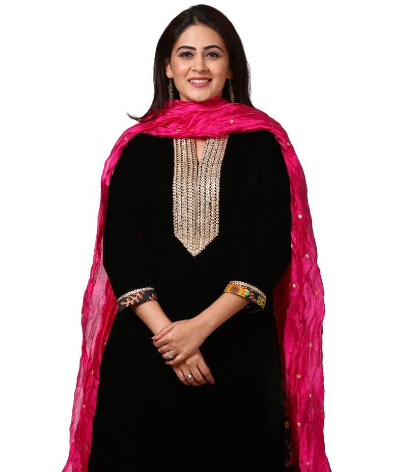 Black Gold Velvet Kurti with Floral Printed Salwar and Pink Crushed Dupatta