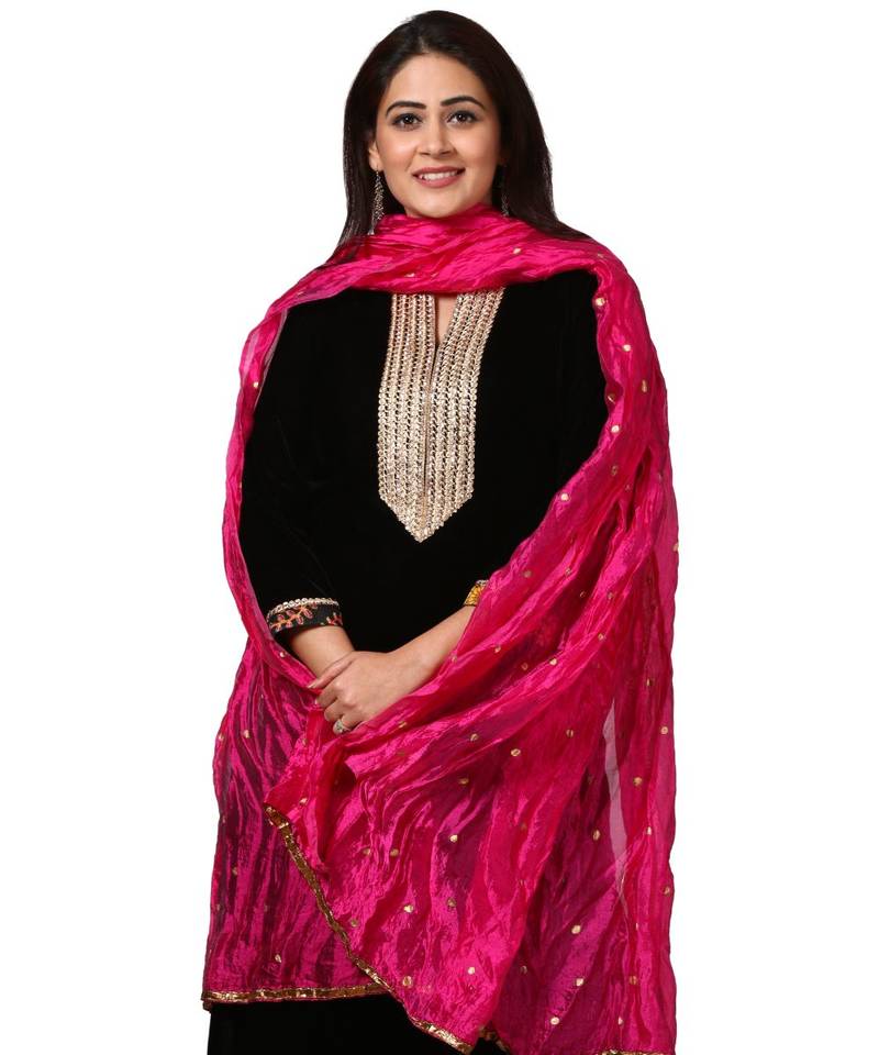 Black Gold Velvet Kurti with Floral Printed Salwar and Pink Crushed Dupatta