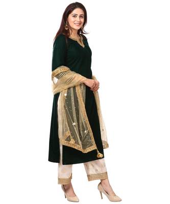 Forest Green Velvet Kurti with Straight Palazzo and Gold Net Mirror Stone Dupatta 1