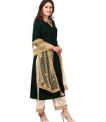 Forest Green Velvet Kurti with Straight Palazzo and Gold Net Mirror Stone Dupatta