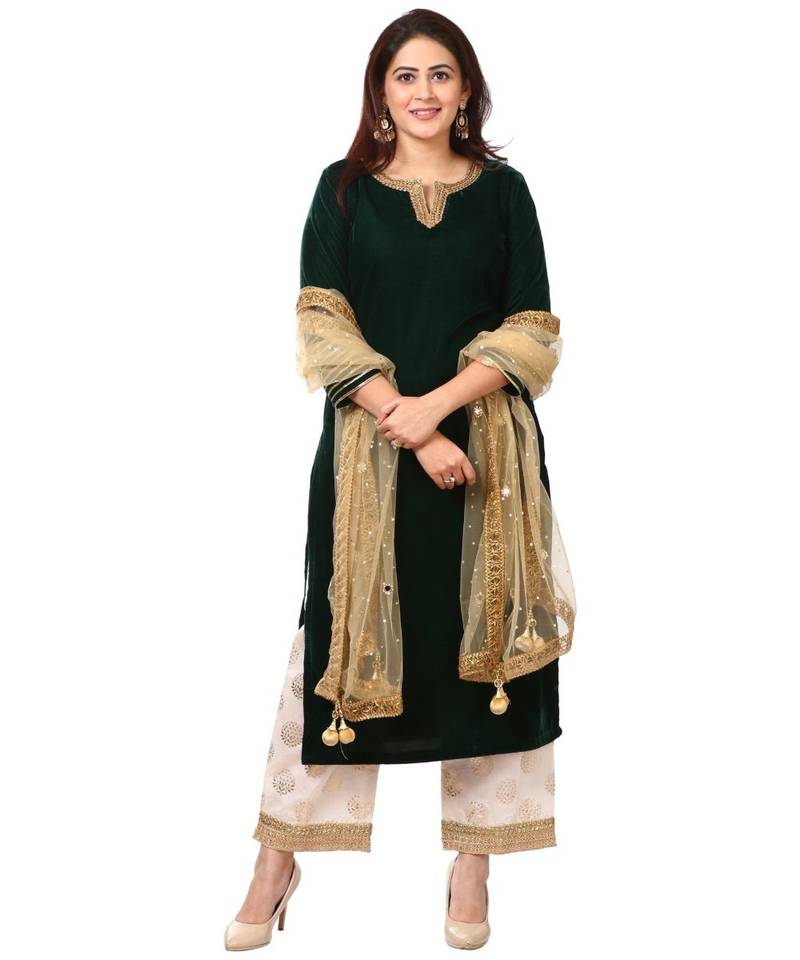 Forest Green Velvet Kurti with Straight Palazzo and Gold Net Mirror Stone Dupatta