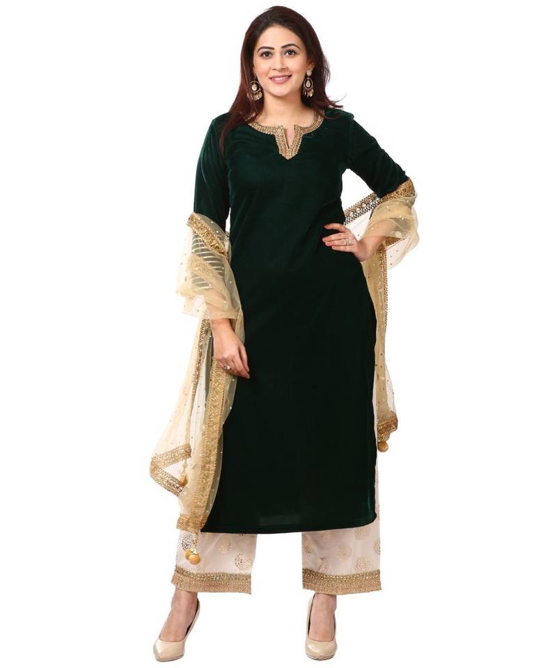 Forest Green Velvet Kurti with Straight Palazzo and Gold Net Mirror Stone Dupatta