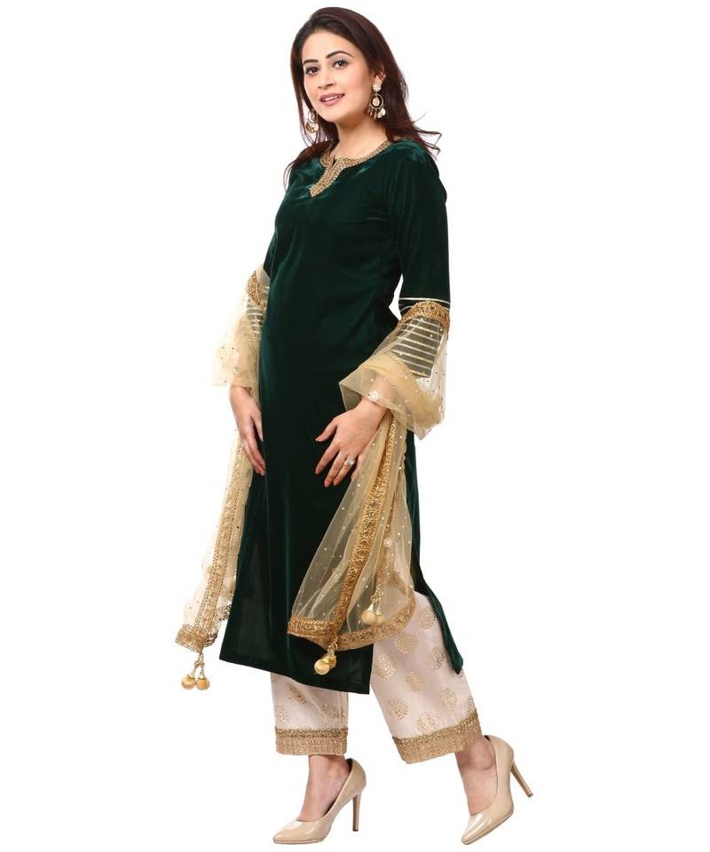 Forest Green Velvet Kurti with Straight Palazzo and Gold Net Mirror Stone Dupatta