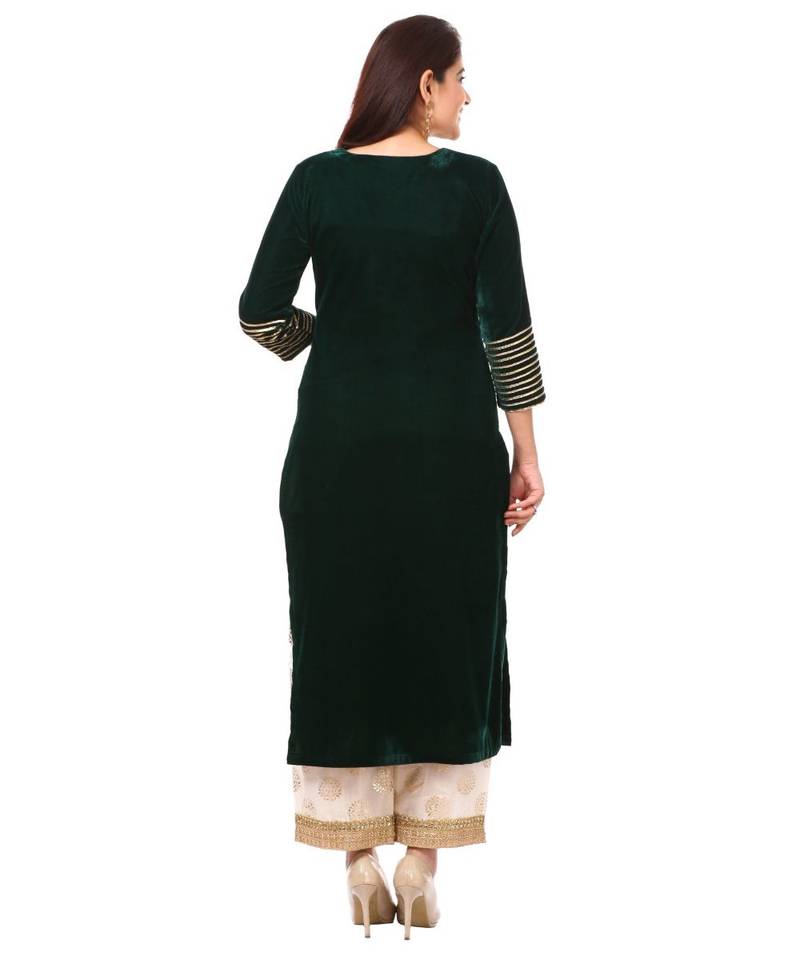 Forest Green Velvet Kurti with Straight Palazzo and Gold Net Mirror Stone Dupatta
