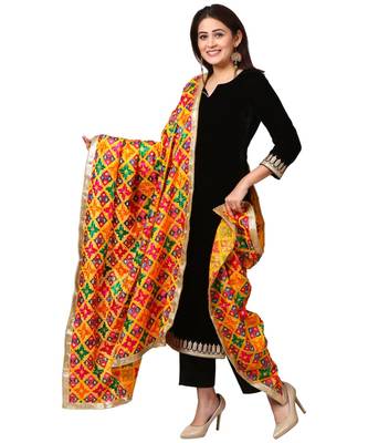 Festive Black Straight Velvet Kurti with Straight Pants and Splashing Colors Phulkari Dupatta 2