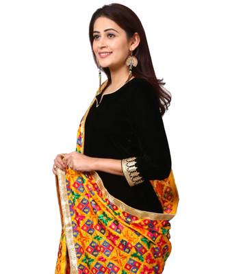 Festive Black Straight Velvet Kurti with Straight Pants and Splashing Colors Phulkari Dupatta 5