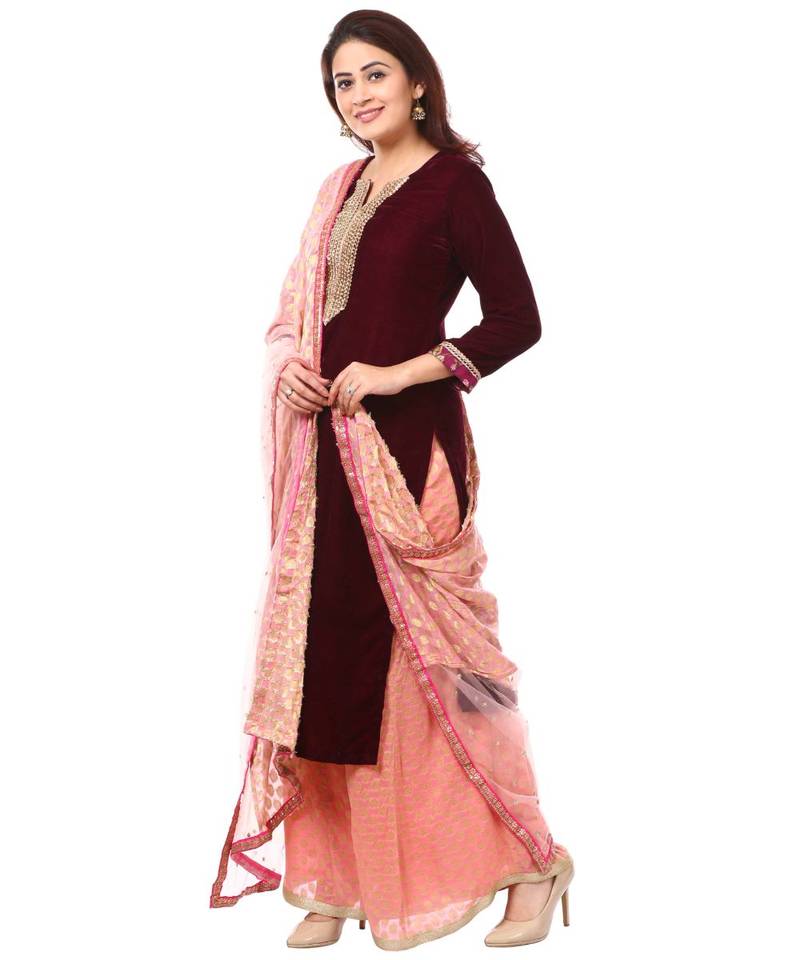 purple Purple Velvet Kurti with Peach Kalidar Palazzo and Net Banarsi Georgette Dupatta