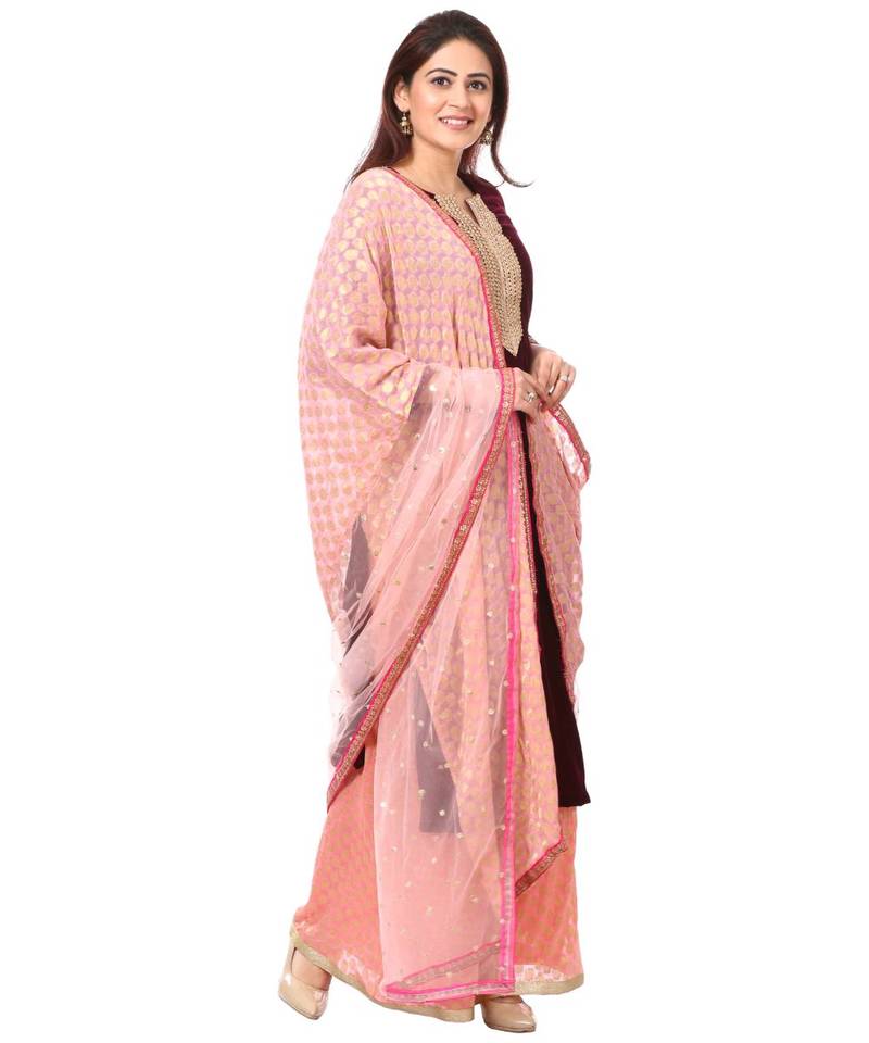 purple Purple Velvet Kurti with Peach Kalidar Palazzo and Net Banarsi Georgette Dupatta
