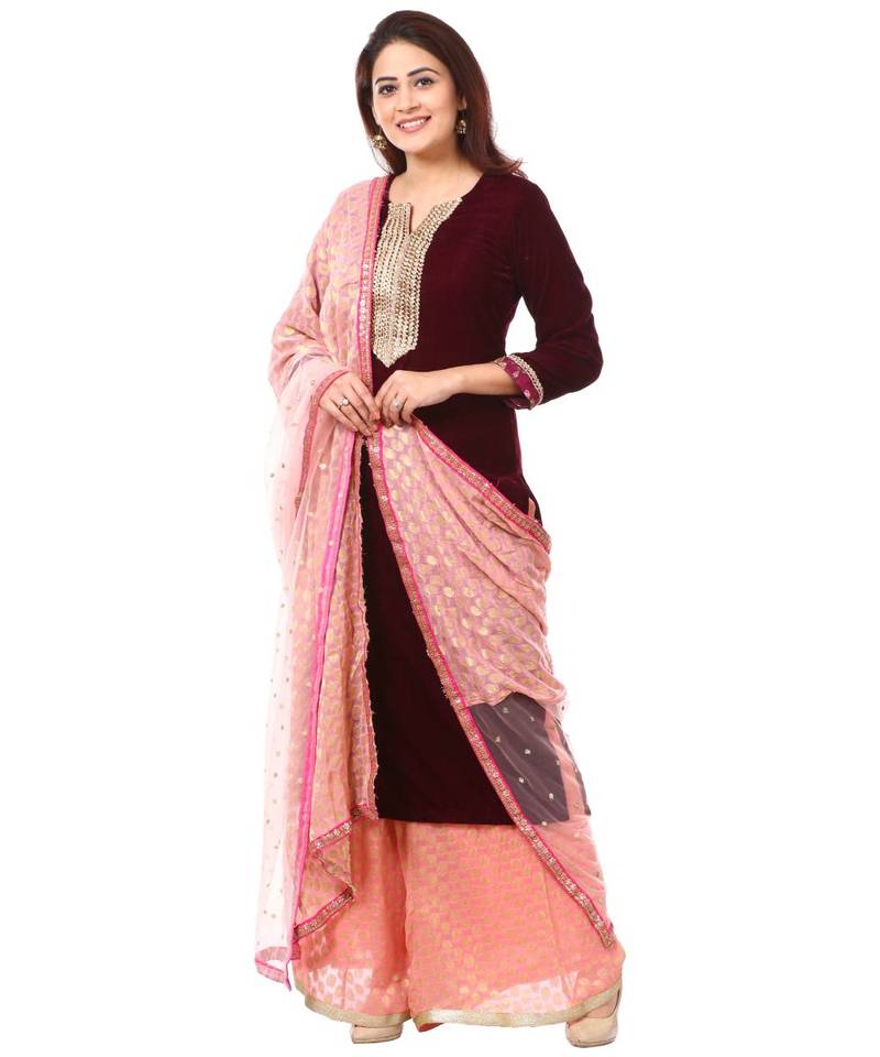 purple Purple Velvet Kurti with Peach Kalidar Palazzo and Net Banarsi Georgette Dupatta
