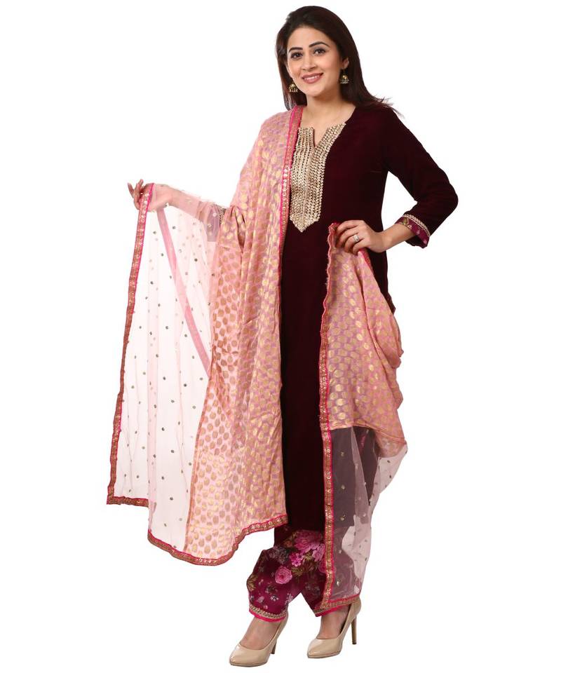 purple Purple Velvet Kurti with Floral Printed Salwar and Net Banarsi Georgette Dupatta