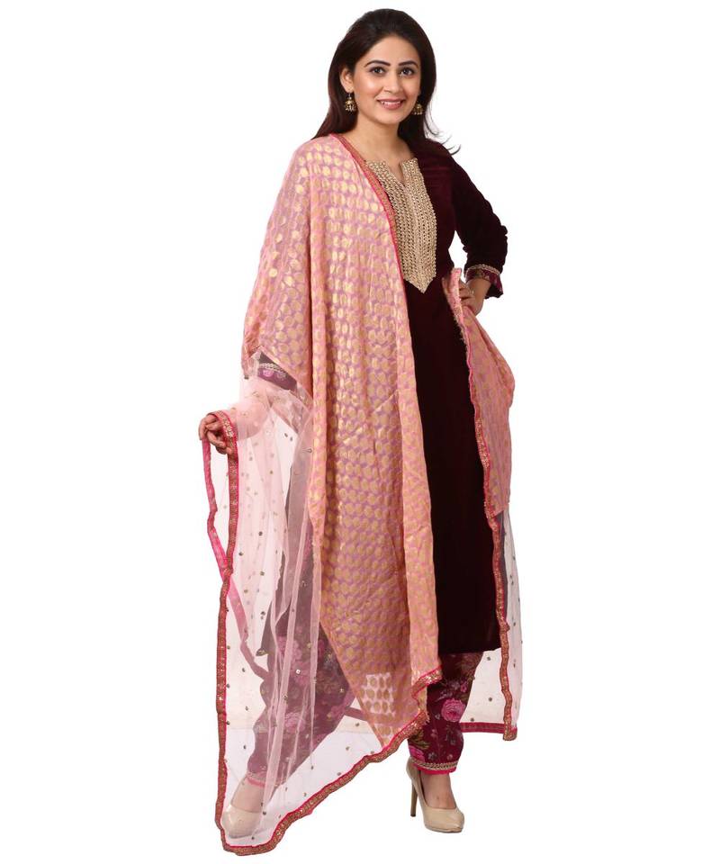 purple Purple Velvet Kurti with Floral Printed Salwar and Net Banarsi Georgette Dupatta