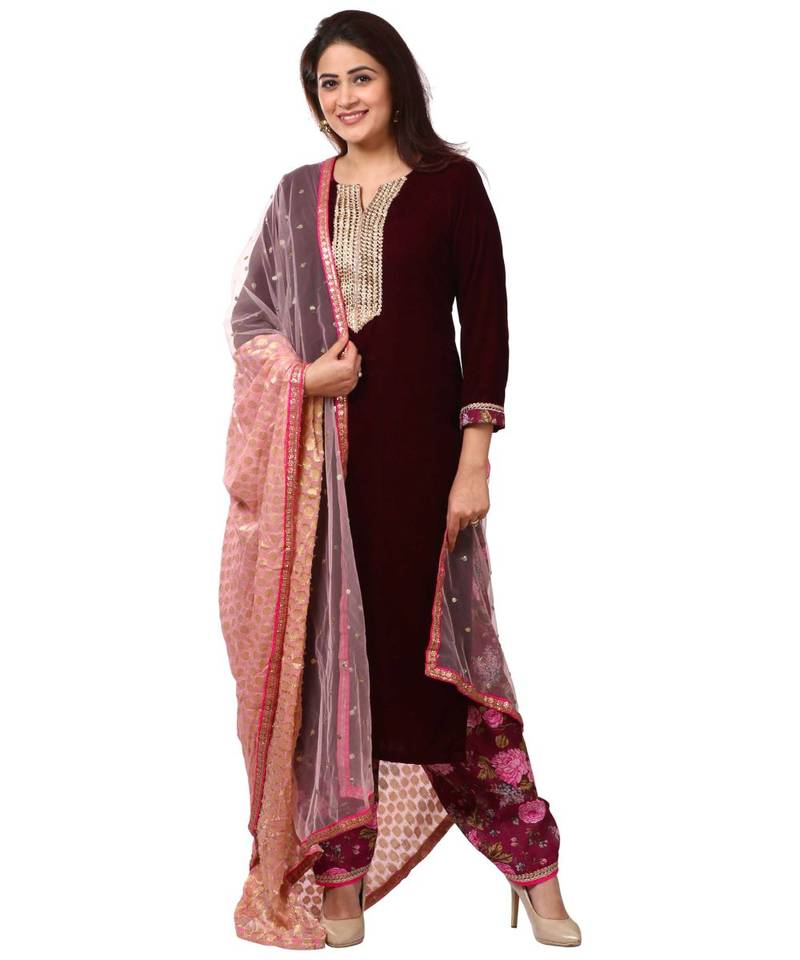 purple Purple Velvet Kurti with Floral Printed Salwar and Net Banarsi Georgette Dupatta