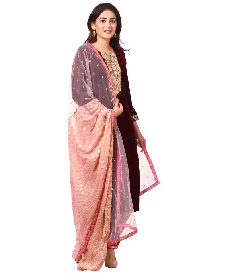 purple Purple Velvet Kurti with Floral Printed Salwar and Net Banarsi Georgette Dupatta