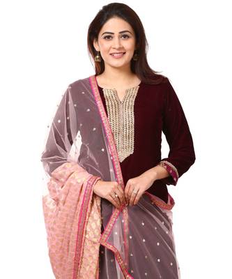 purple Purple Velvet Kurti with Floral Printed Salwar and Net Banarsi Georgette Dupatta 5