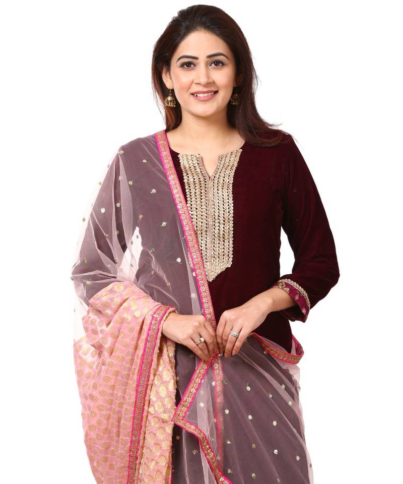 purple Purple Velvet Kurti with Floral Printed Salwar and Net Banarsi Georgette Dupatta