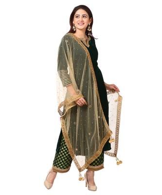 Forest Green Velvet Kurti with Straight Green Banarsi Palazzo and Gold Mirror Dupatta 1