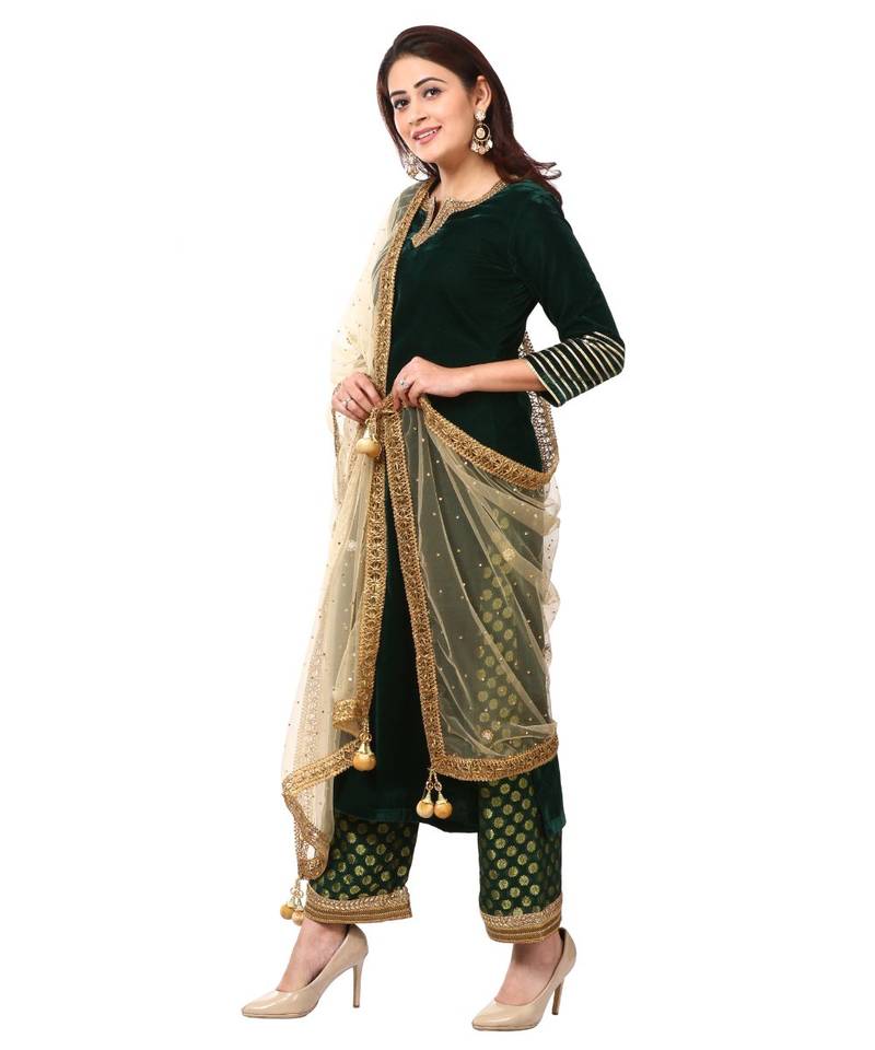 Forest Green Velvet Kurti with Straight Green Banarsi Palazzo and Gold Mirror Dupatta