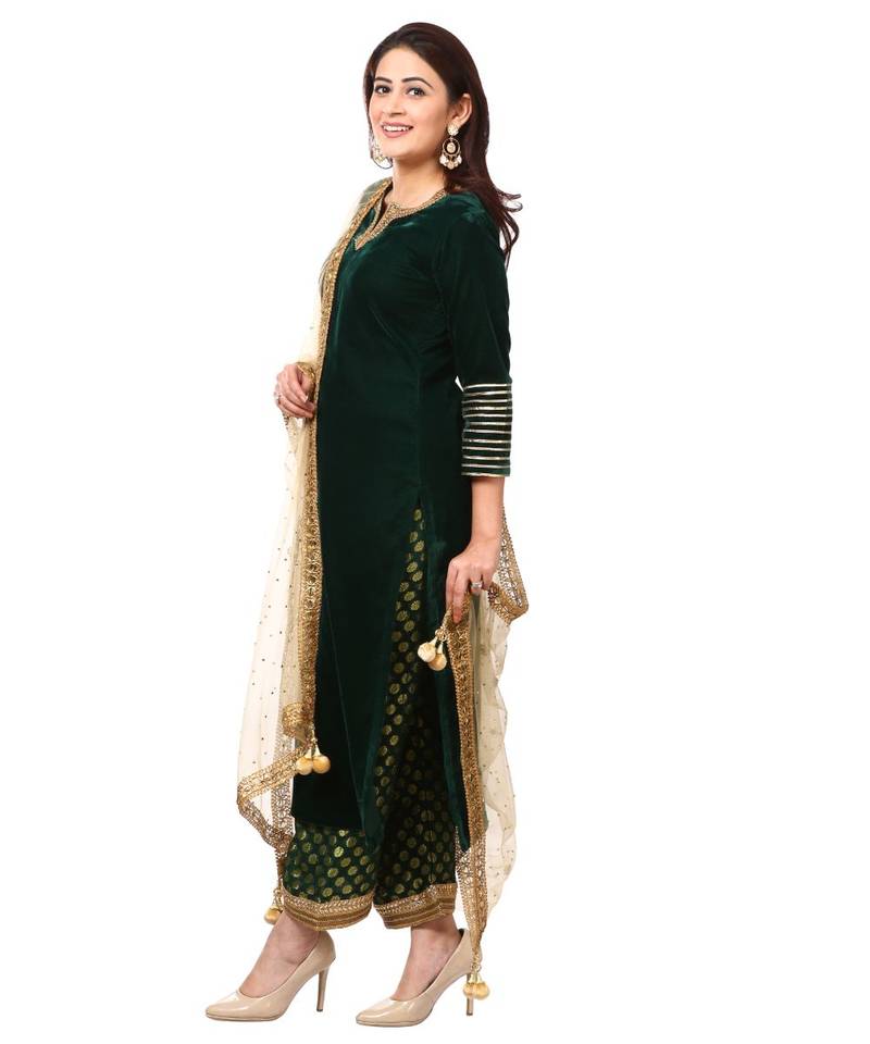 Forest Green Velvet Kurti with Straight Green Banarsi Palazzo and Gold Mirror Dupatta