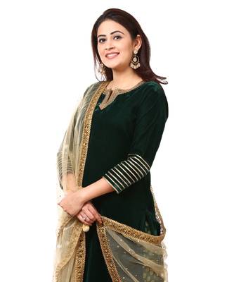 Forest Green Velvet Kurti with Straight Green Banarsi Palazzo and Gold Mirror Dupatta 4