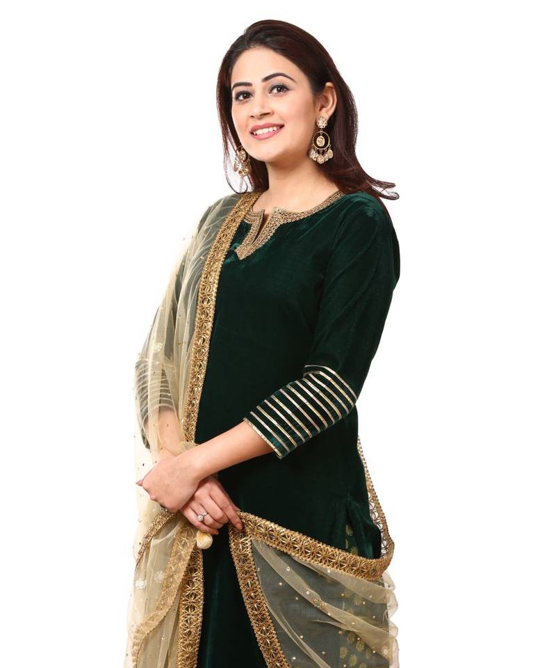 Forest Green Velvet Kurti with Straight Green Banarsi Palazzo and Gold Mirror Dupatta