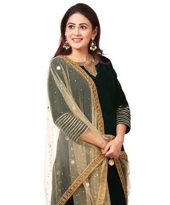 Forest Green Velvet Kurti with Straight Green Banarsi Palazzo and Gold Mirror Dupatta 5
